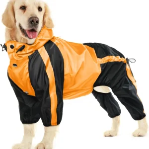 Dog Raincoat Waterproof Lightweight Rain Jacket, Adjustable 4 Legs Pet Poncho with Hood, Snow-Proof Dog Vest Rainwear