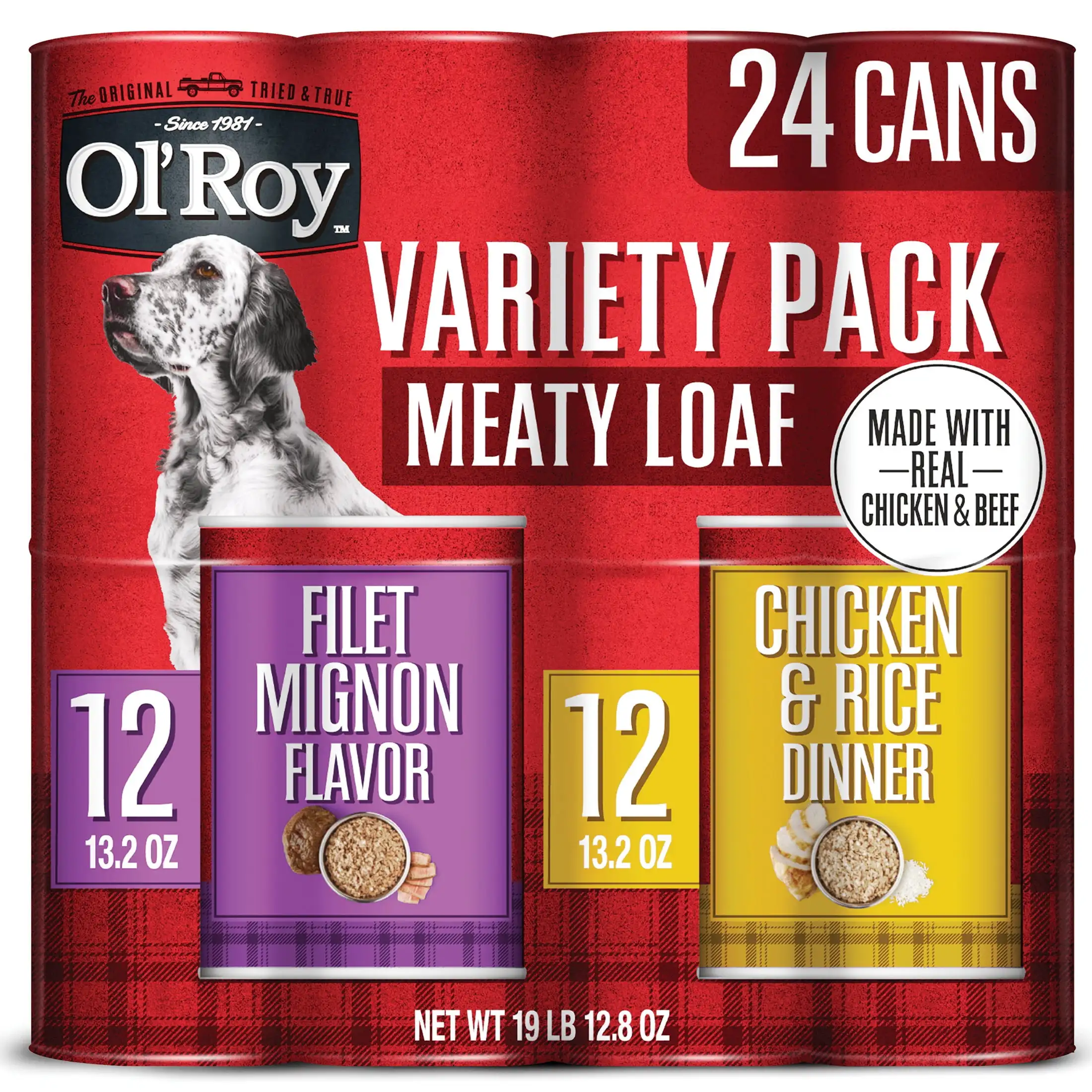 Meaty Loaf Wet Dog Food Variety Pack, Filet Mignon Flavor and Chicken & Rice Dinner, 13.2 oz, 24 Cans